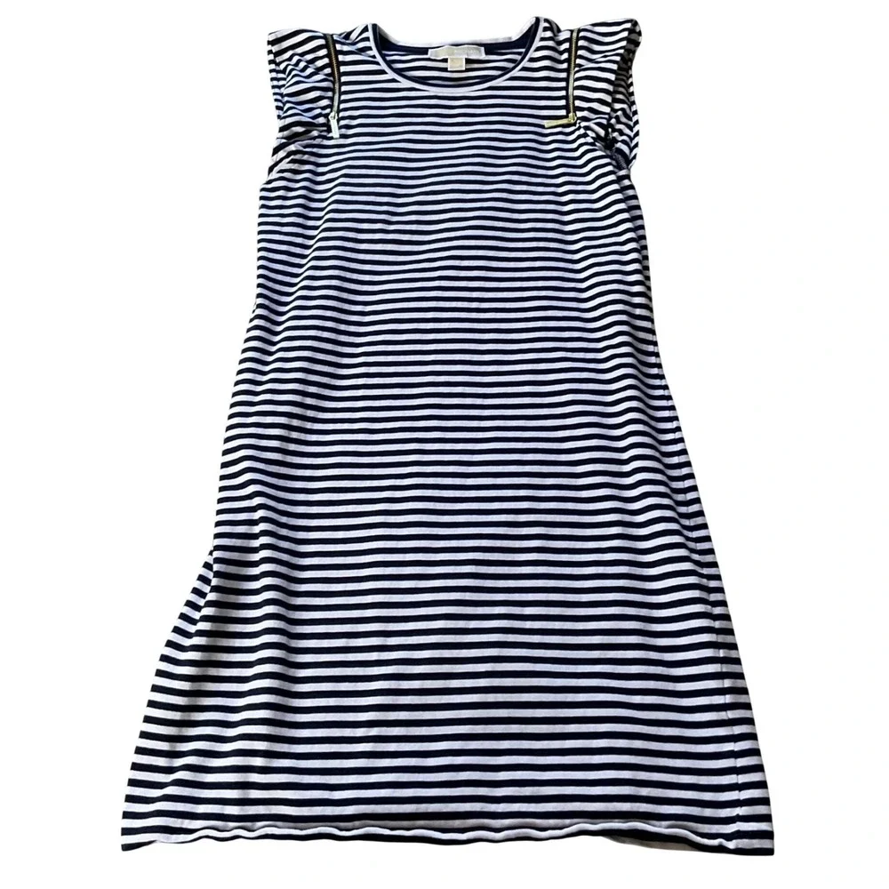 Michael Kors Navy White Striped Ruffle Sleeve Zipper Accent Shift Dress‎ XS